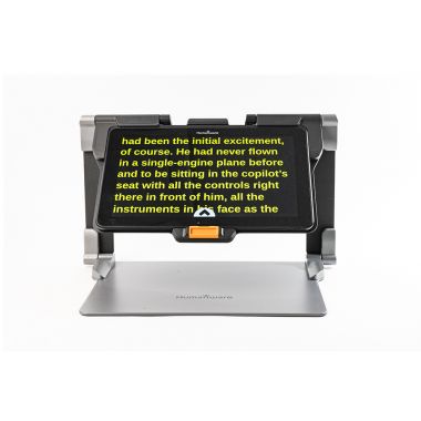 A Connect 12 on its stand using the yellow text on black background color contrast option. 